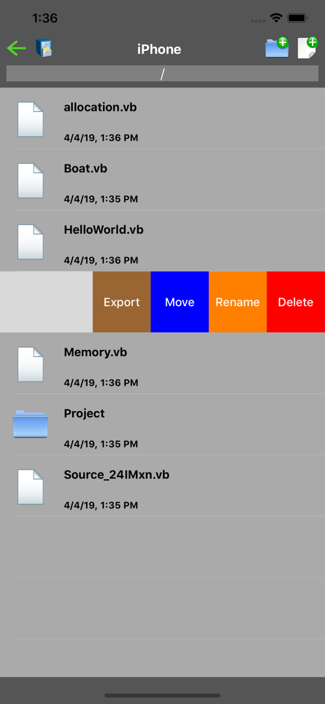 Interfaccia di gestione file nell'app Compilatore Visual Basic VB.NET che mostra un elenco di file di codice salvati e opzioni di modifica.