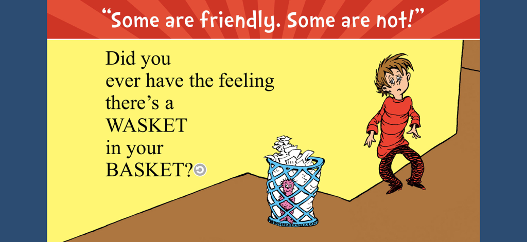 There's a Wocket in My Pocket! - A page from the digital book showing a boy looking at a pink wasket creature in a basket