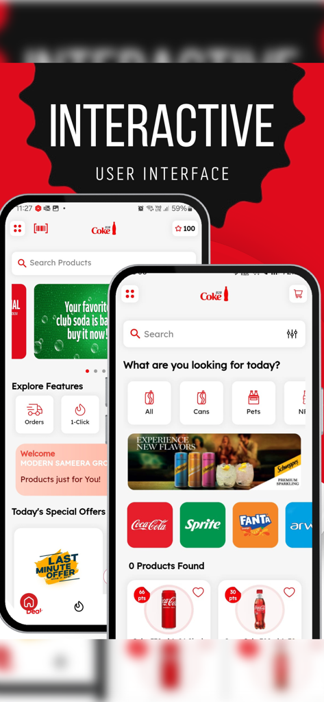 Coke B2B mobile app showing interactive user interface and product categories
