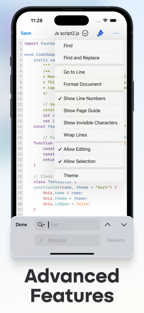 Monote: Text Edit - Editor - Monote mobile app interface displaying advanced code editing features and a menu with tools like Find and Replace and Format Document.
