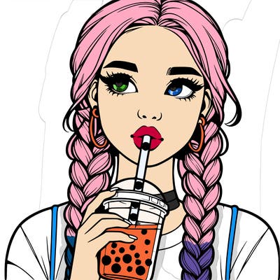 realistic girl with braided hair drinking boba