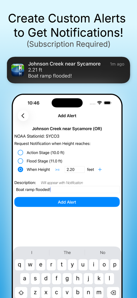 Interface for setting a custom river level notification alert in the Rivercast app