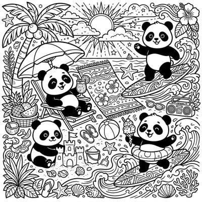 Get ready for a heartwarming summer adventure with these delightful giant panda coloring pages! Join these adorable bears as they soak up the sun, surf the waves, and build sandcastles on a fun-filled beach vacation.