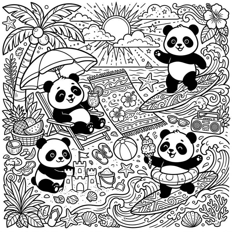 Get ready for a heartwarming summer adventure with these delightful giant panda coloring pages! Join these adorable bears as they soak up the sun, surf the waves, and build sandcastles on a fun-filled beach vacation.