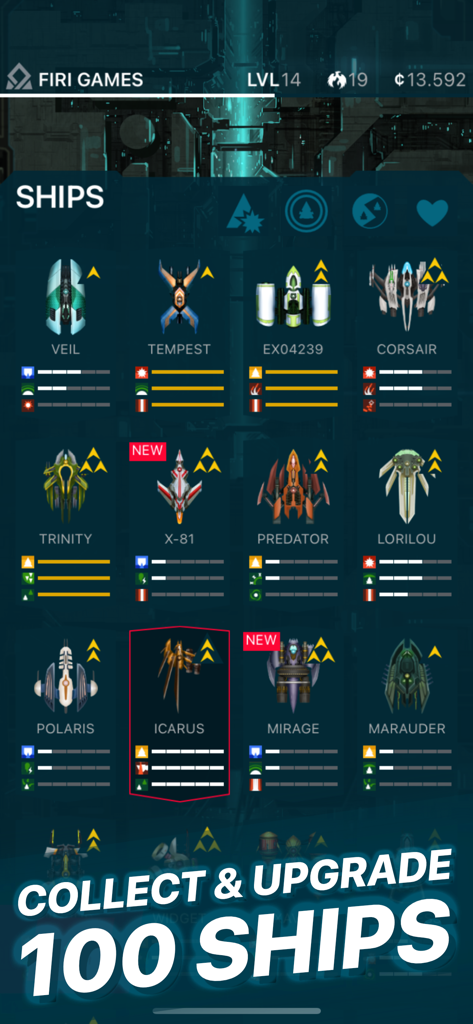 Phoenix 2 - Phoenix 2 game menu showcasing a grid of different spaceships available to collect and upgrade