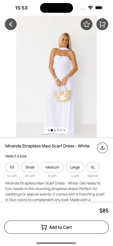 Fancy D Boutique - Miranda strapless white maxi scarf dress displayed on the Fancy D Boutique mobile app