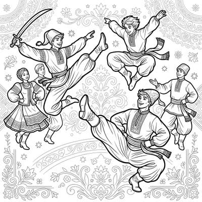 Capture the thrilling energy of a traditional Cossack dance with this dynamic coloring page. Featuring acrobatic dancers in authentic costumes, it's a celebration of Eastern European culture ready for your creative touch.