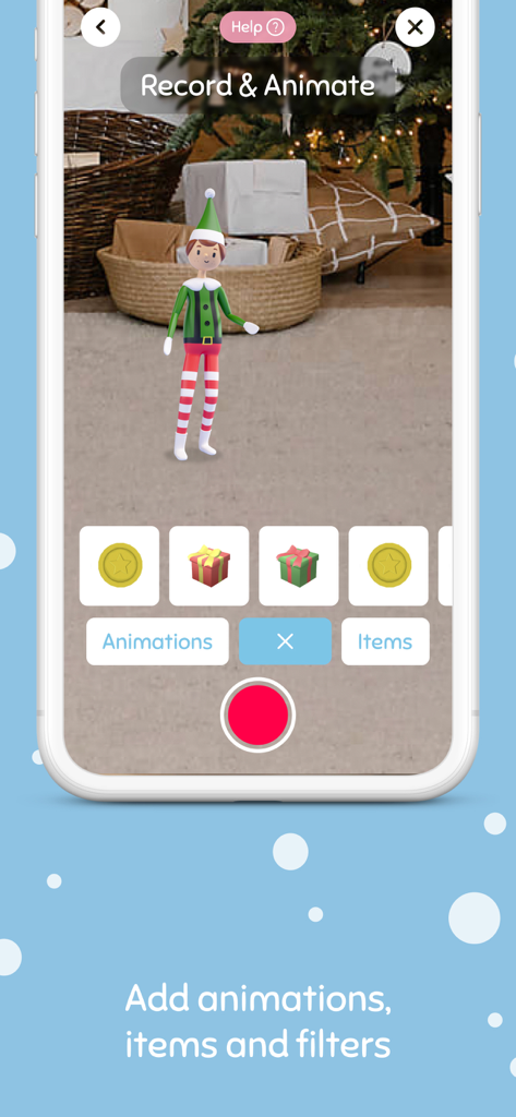 Elf Cam - Santa's elf tracker - Elf Cam mobile app AR screen showing a 3D elf in a home setting with animation and filter tools