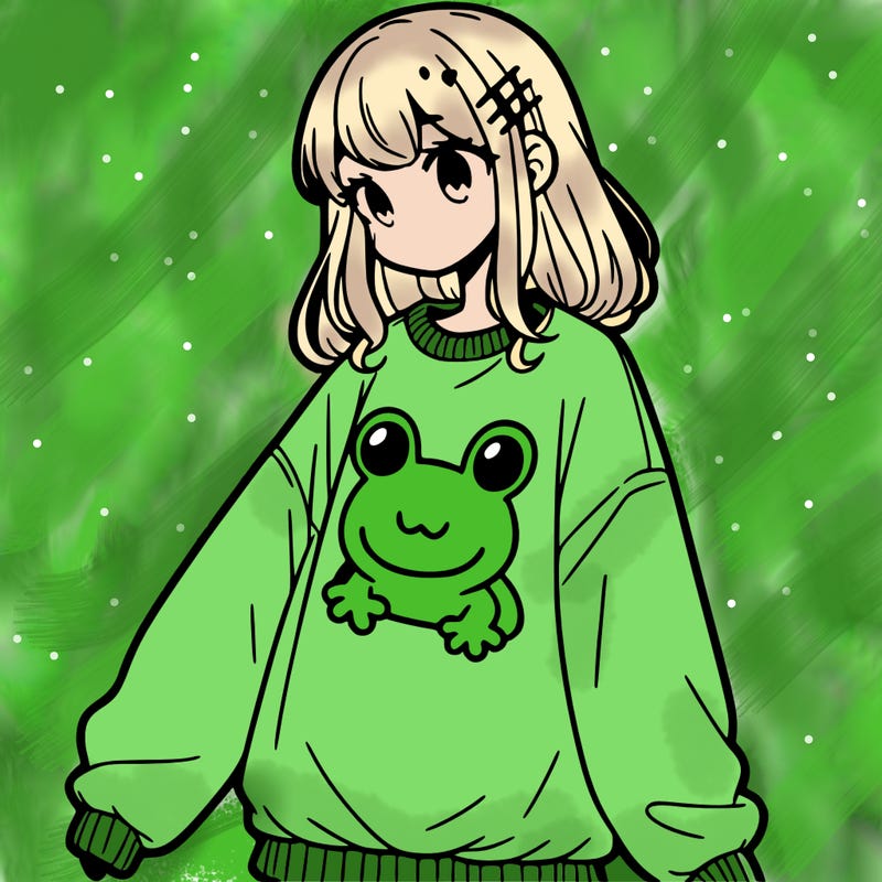 girl wearing frogging sweatshirt