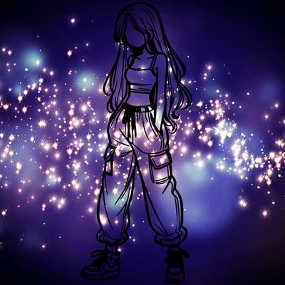 girl in baggy pants crop top and long hair