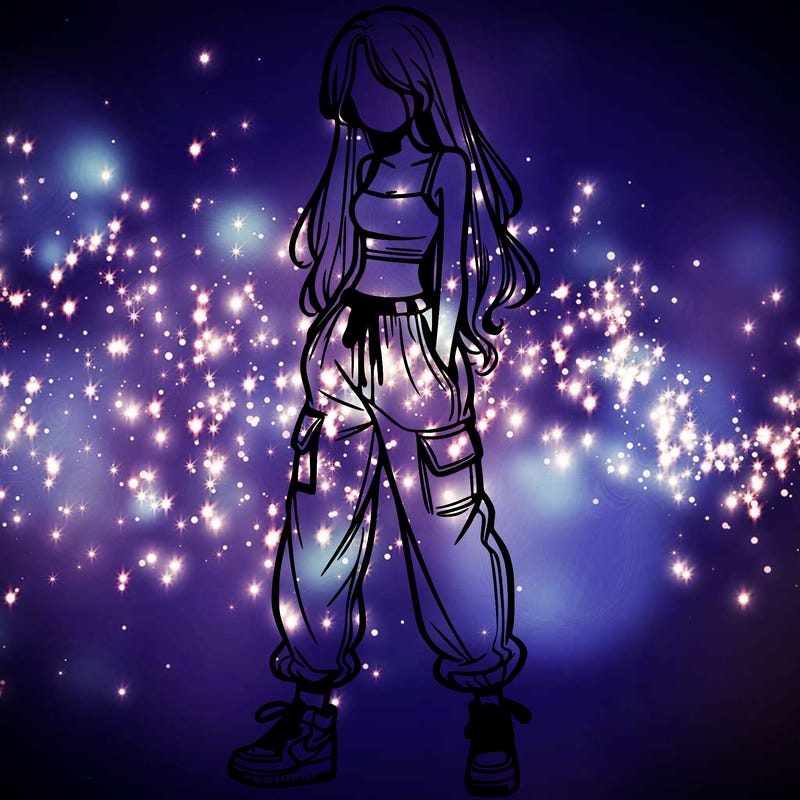 girl in baggy pants crop top and long hair