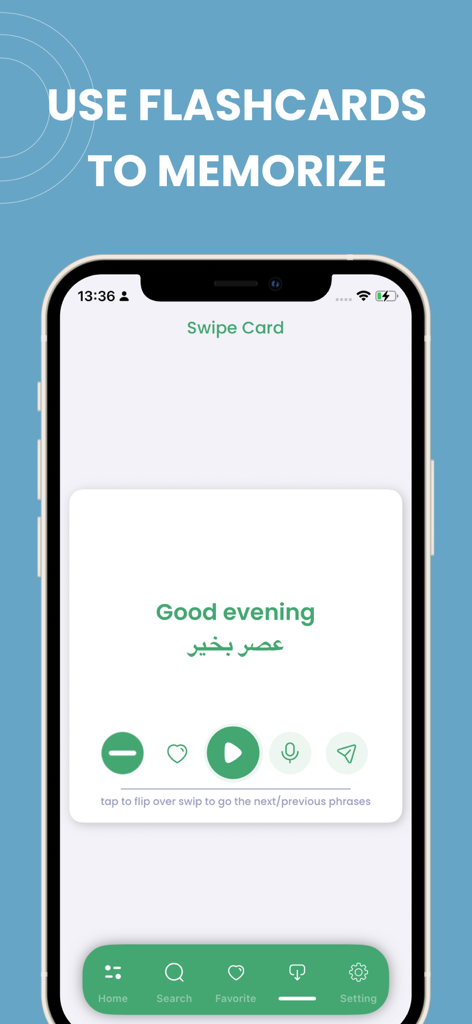 Farsi language learning flashcard showing the English phrase Good evening with Persian translation and audio controls