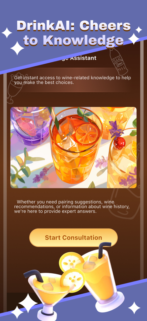 Lumomo - Interfaz de la aplicación Lumomo que muestra la pantalla AI Drinks Assistant con ilustraciones de cócteles y un botón 'Iniciar Consulta'