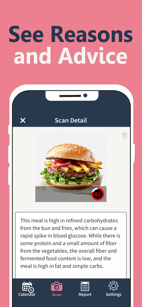 Blood Sugar Tracker & Log (AI) - Función de escaneo de comidas por IA que muestra una alta puntuación de riesgo de pico de glucosa para una hamburguesa y patatas fritas