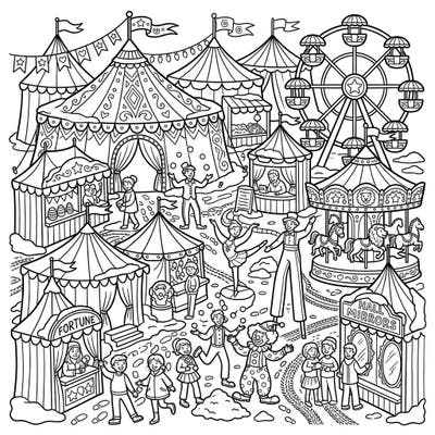 Experience the magic of a carnival fairground with a unique winter twist on this enchanting coloring page. Dive into a scene bustling with festive tents, exciting rides, lively performers, and playful snow patches, ready for your creative touch.