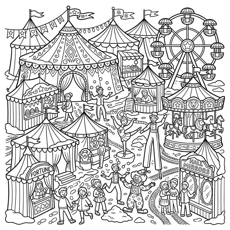 Experience the magic of a carnival fairground with a unique winter twist on this enchanting coloring page. Dive into a scene bustling with festive tents, exciting rides, lively performers, and playful snow patches, ready for your creative touch.