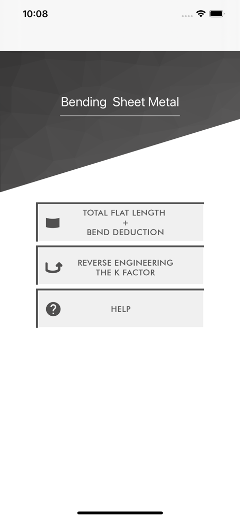 Bending Sheet Metal - Main menu of Bending Sheet Metal app featuring options for Total Flat Length plus Bend Deduction and Reverse Engineering the K Factor