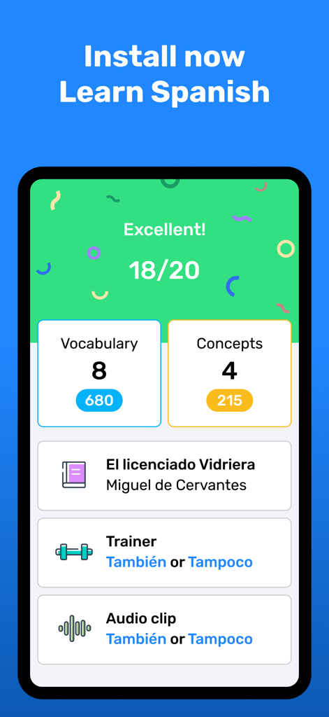 Wlingua app interface displaying Spanish lesson results vocabulary count and grammar drills
