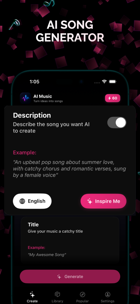 Ai Music : Ai Song Generator - Ai Musicアプリのインターフェイス。曲の説明とタイトル生成のためのテキストプロンプト入力が表示されています。