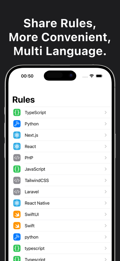 Mobile screen showing a list of shared coding rules for various programming languages including TypeScript Python and React