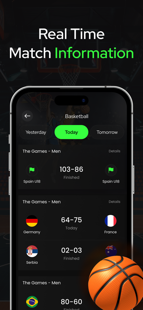 NBA Score, Football Live Score - Mobile app interface showing real-time basketball match scores and schedules for international teams.