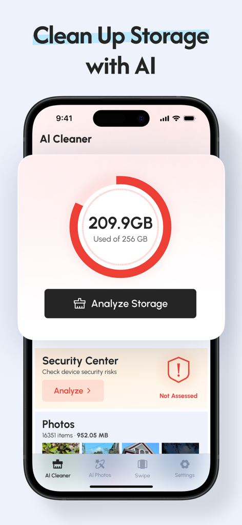 Genie - Phone Storage Cleaner - Genieアプリのダッシュボード。ストレージ使用状況とストレージ分析ボタンが表示されています。