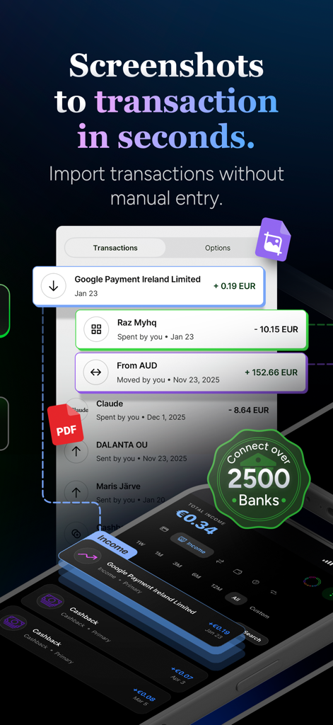 arc App Benutzeroberfläche, die KI-gestützte Transaktionserkennung aus Screenshots und Bankkontoauszugs-PDFs zeigt