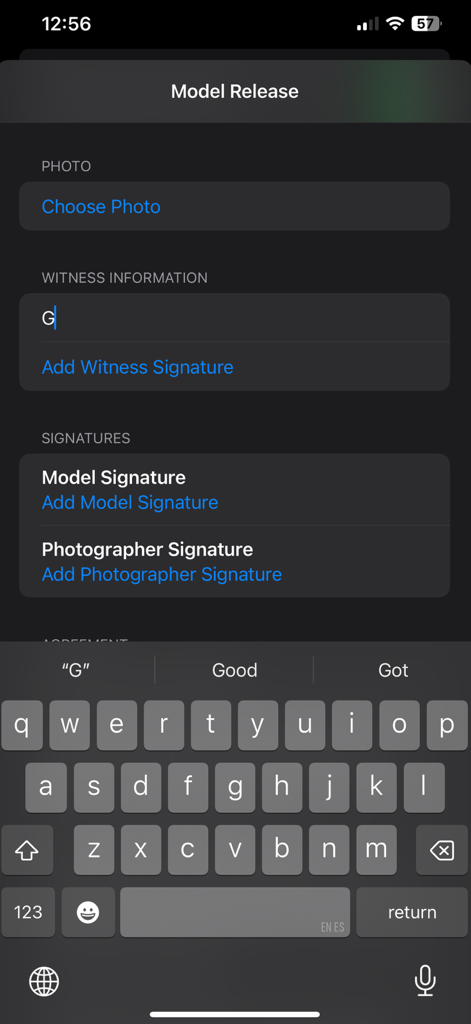 Interface of a mobile app for signing digital model release forms including photographer and witness signatures