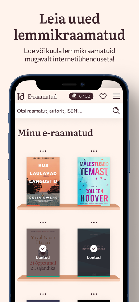 Rahva Raamat app interface showing a digital bookshelf with Estonian language e-books