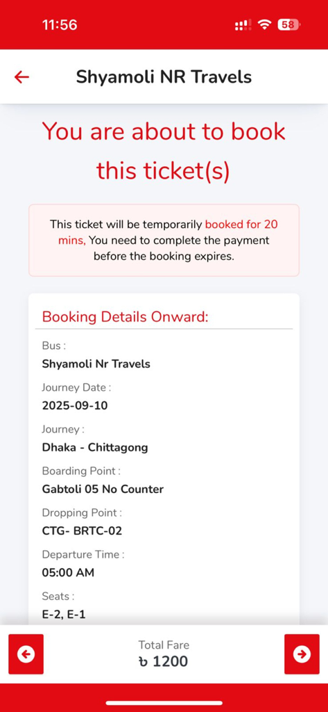 BDTICKETS - Bus booking summary page for a trip from Dhaka to Chittagong via Shyamoli NR Travels