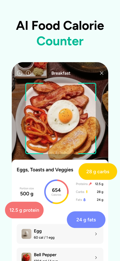 AI Calorie Counter by EatMeter - La aplicación de contador de calorías IA escaneando un plato de desayuno para mostrar calorías, proteínas, carbohidratos y grasas
