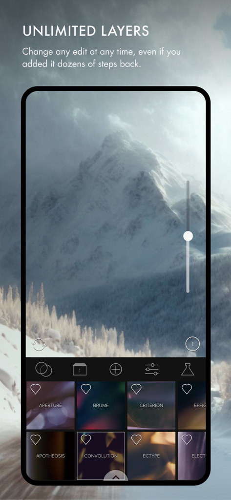 Mextures Photo Editor - Screenshot of the Mextures app interface showcasing unlimited layers and professional photo editing textures.