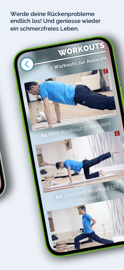Smartphone-Bildschirm, der Optionen für Rückentrainings-Workouts anzeigt, darunter ein 7-minütiges Mini-Workout und eine 20-minütige Standardsitzung.