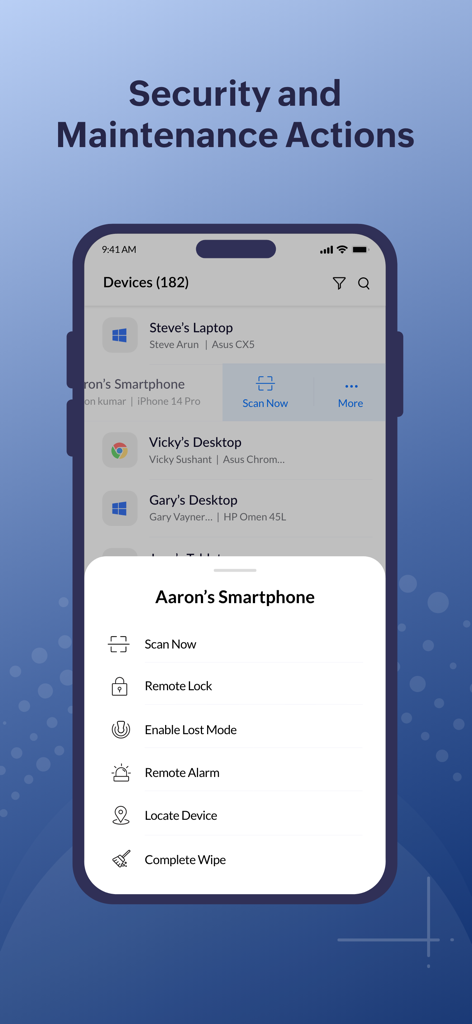 Interfaccia dell'app mobile che mostra azioni di sicurezza e manutenzione da remoto come blocco da remoto e cancellazione completa per gli amministratori IT