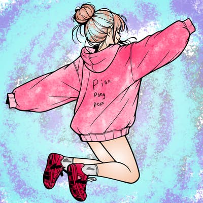 realistic girl jumping with a bun and oversized sweatshirt