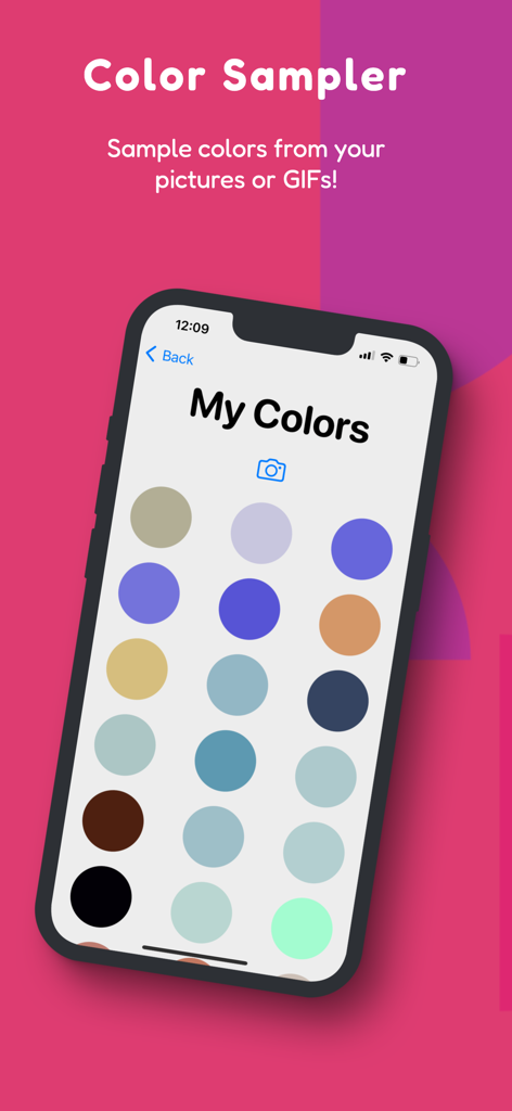 Pantalla de smartphone que muestra la función de muestreo de color de la aplicación ColorPlanets con varias muestras de color circulares