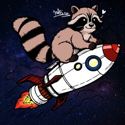 realistic raccoon flying on top rocket ship