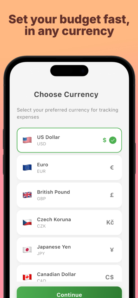 Pocket Money - Uno schermo di un'app mobile che mostra le opzioni per scegliere la valuta nell'app di budget PocketMoney
