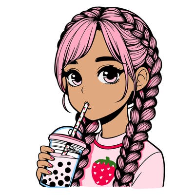 realistic girl with braided hair drinking boba