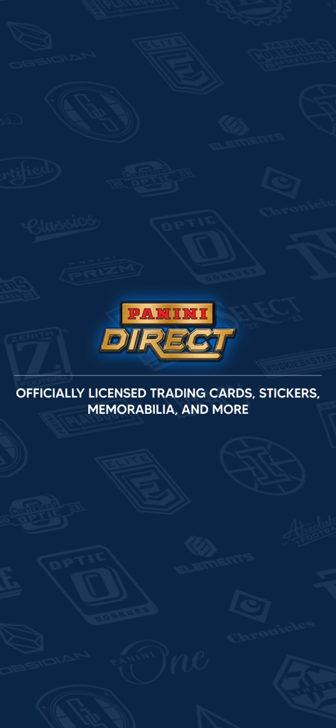 Écran de démarrage de l'application Panini Direct présentant le logo officiel et un arrière-plan des marques de cartes à collectionner