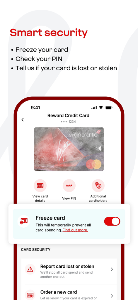 Tela do aplicativo Virgin Money para gerenciar a segurança do cartão de crédito, incluindo congelar um cartão e visualizar um PIN
