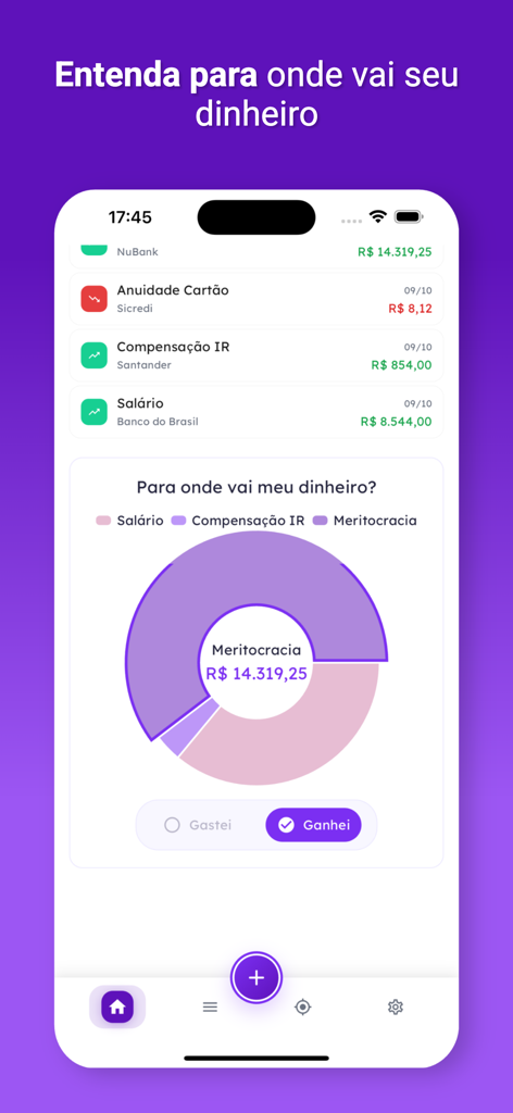 Wisecash - Wisecash mobile app screen showing a donut chart of income sources and a list of financial transactions.