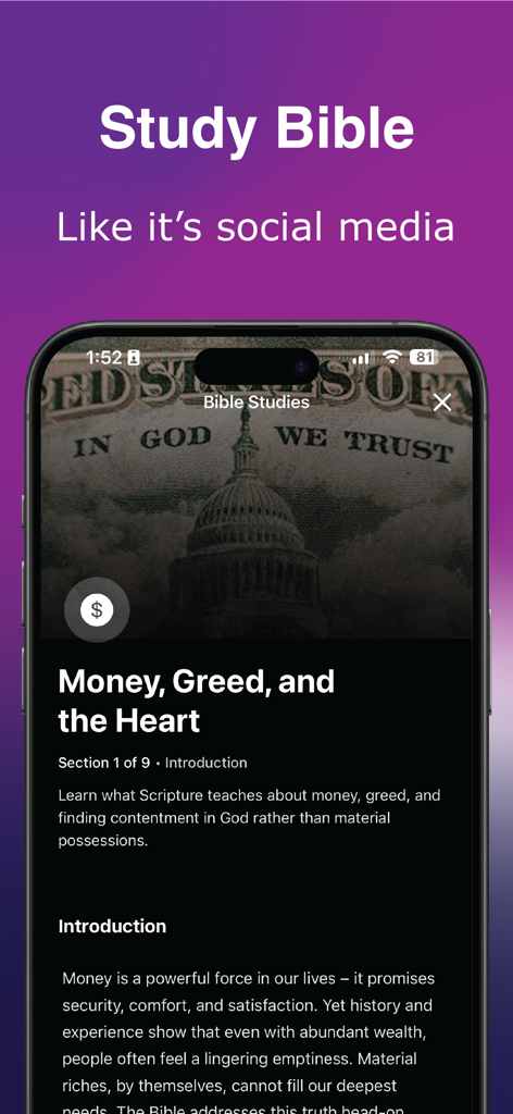 Theosis: AI Bible Study Chat - Mobile screen showing a Bible study topic titled Money Greed and the Heart with an introductory text on spiritual contentment