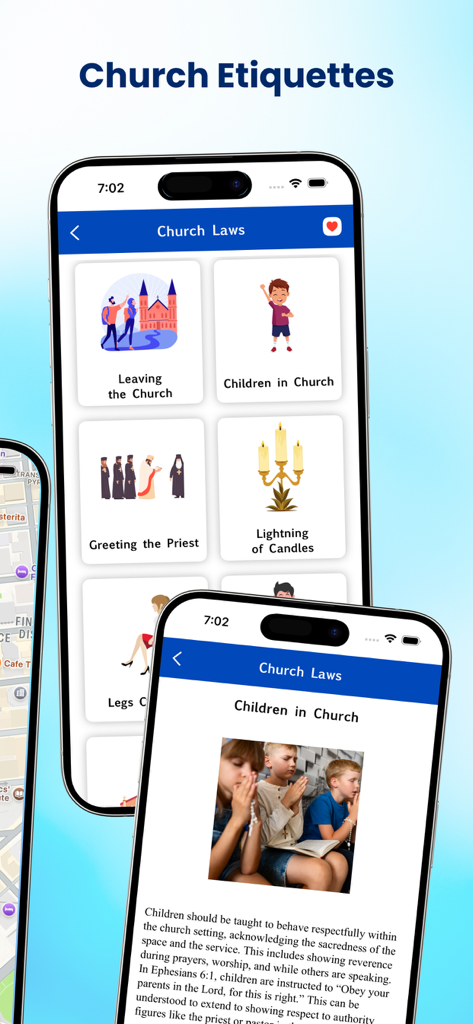 Mobile app screen displaying various church etiquette topics and a detailed view on children in church