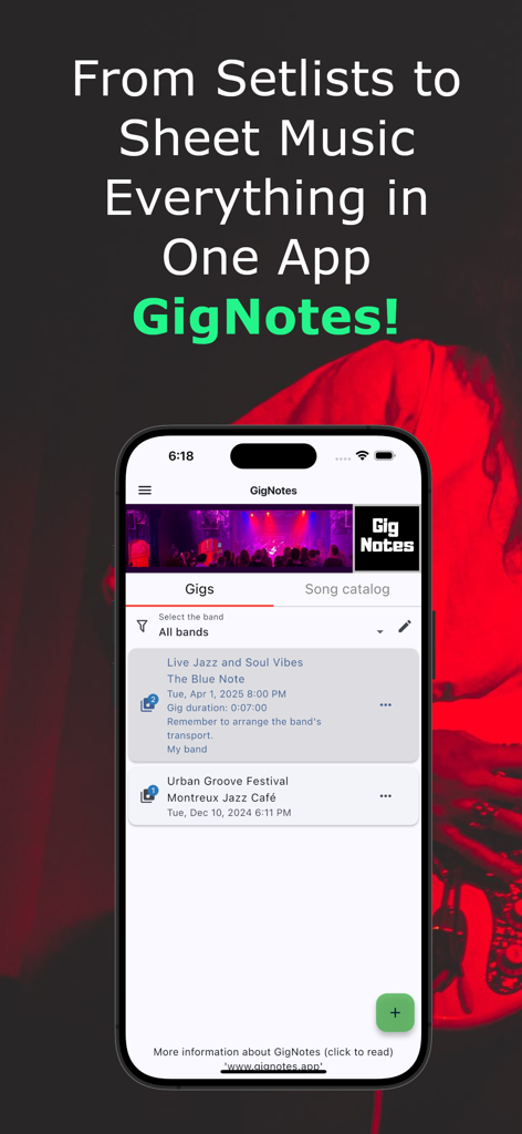 GigNotes – Setlists & Sheets - GigNotes app interface displaying a list of scheduled music gigs and setlists on a mobile screen