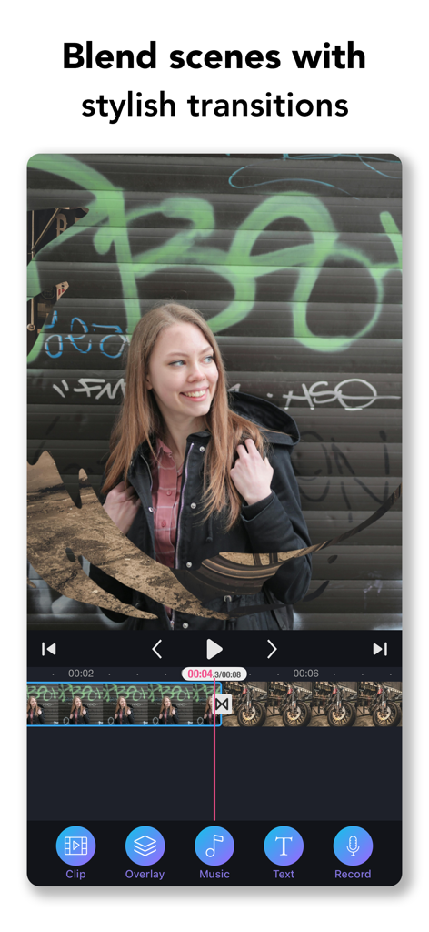 ClipIt - Video Maker & Editor - Videobearbeitungsoberfläche, die stilvolle Übergänge zwischen Clips in der ClipIt-App zeigt.