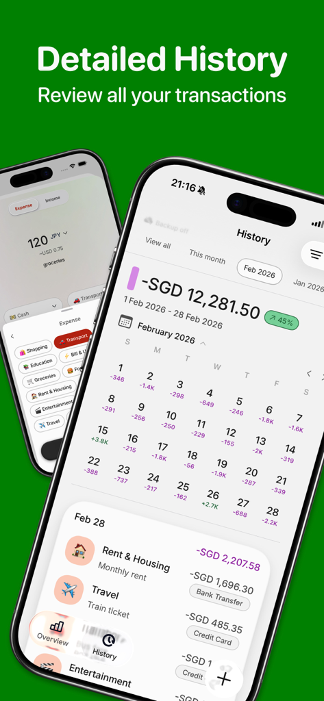 Finny: AI Money Tracker - Bildschirm mit Transaktionsverlauf der Finny-App, der eine monatliche Kalenderansicht und eine Liste kategorisierter Ausgaben zeigt