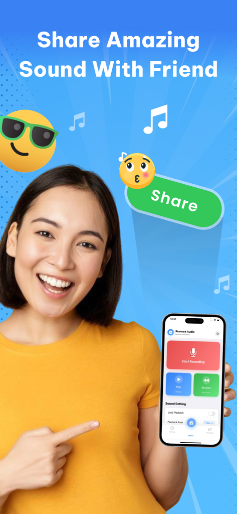 A smiling young woman holding a smartphone displaying the social sharing feature of the Reverse Audio app