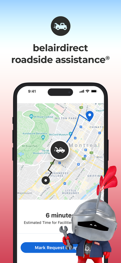 belairdirect app showing real-time roadside assistance tracking on a map