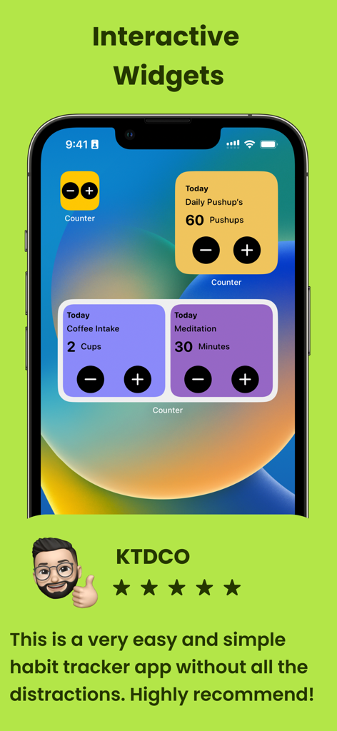 Tally Counter: Habit Tracker - iPhone home screen displaying interactive habit tracking widgets for daily pushups coffee intake and meditation